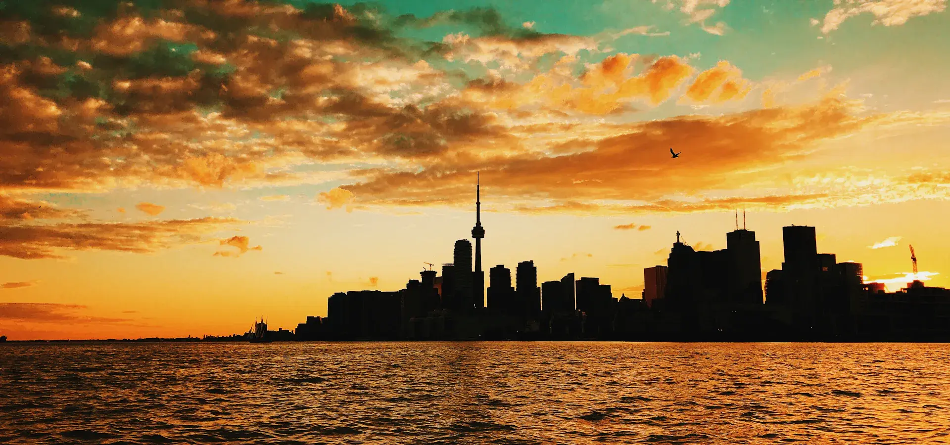 Toronto waterfront and skyline at sunset